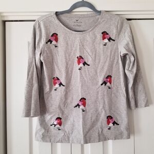 Talbots Women's Gray Knit Top With Sequin Winter Birds XS